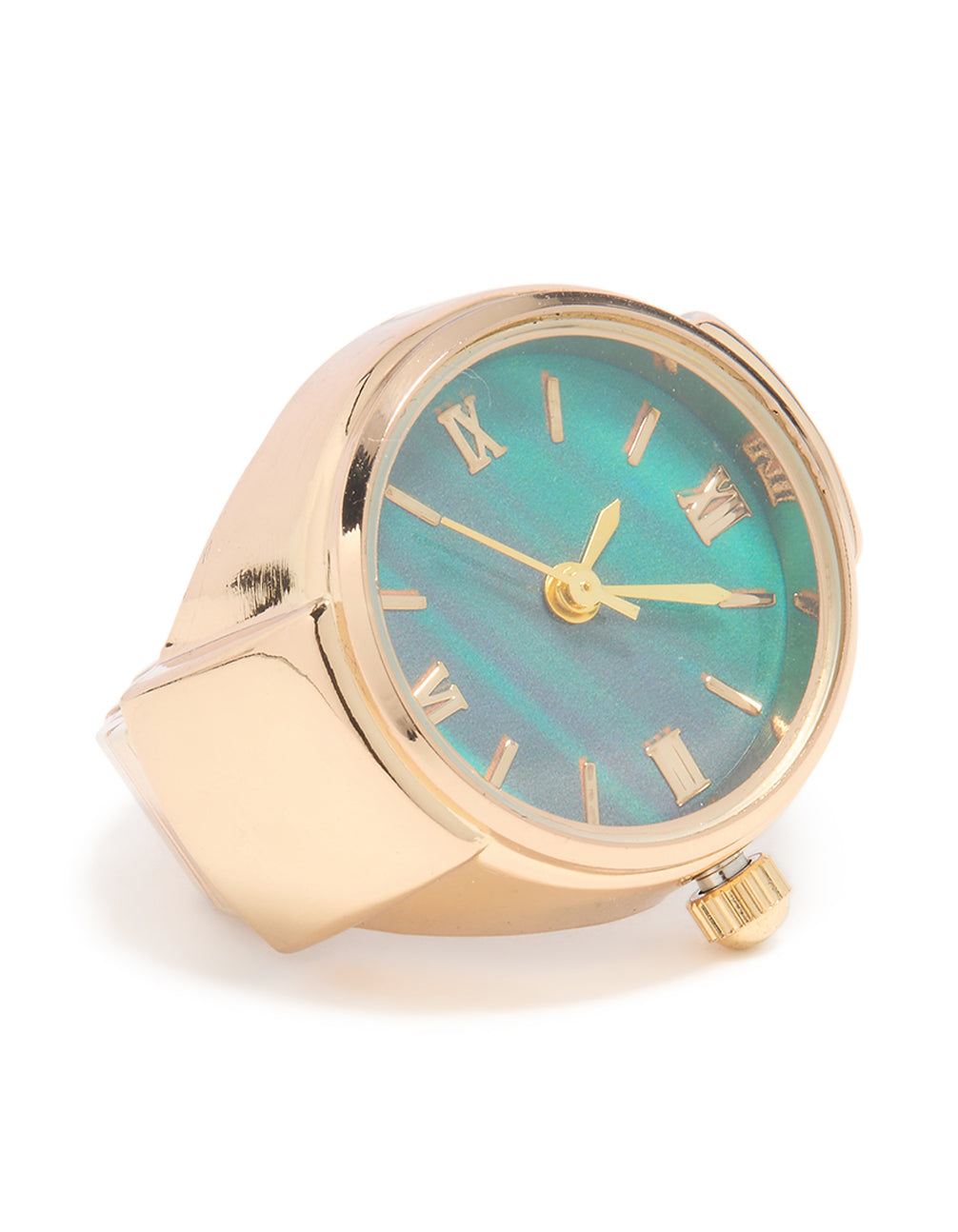 Showcasing a statement watch ring featuring roman numerals in gold with turquoise accents close up view