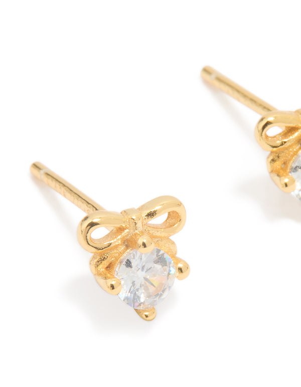 Gold Plated Sterling Silver Cubic Zirconia Bow Stud Earrings