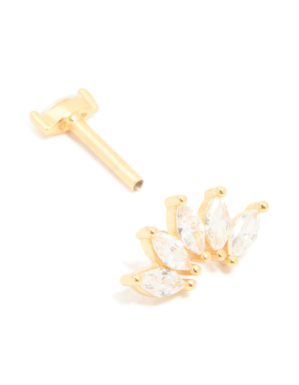 Showcasing gold plated sterling silver cubic zirconia marquise drop single flat back stud earrings close up view