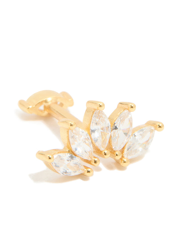 Showcasing gold plated sterling silver cubic zirconia marquise drop single flat back stud earrings front view