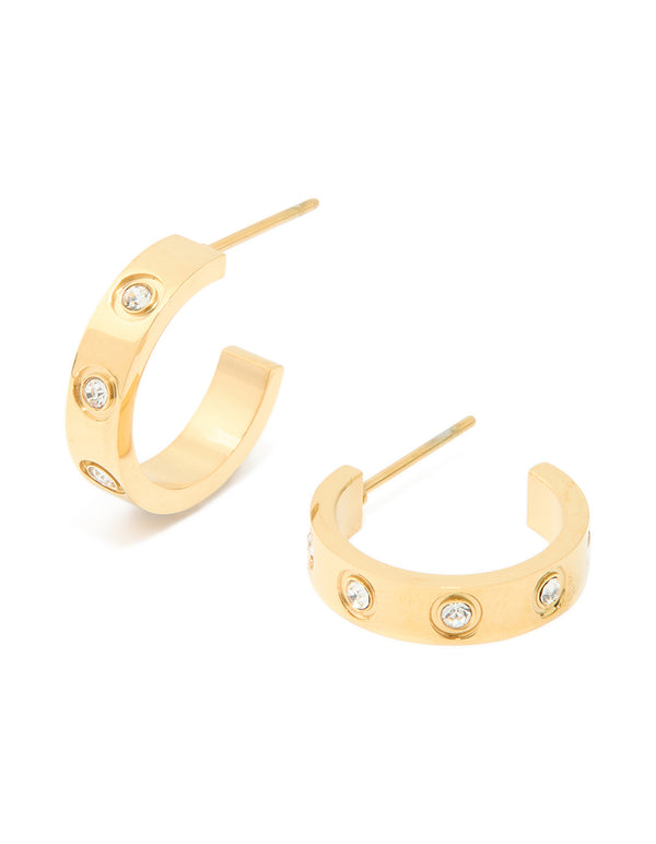 Elegant waterproof gold plated stainless steel cubic zirconia square hoop earrings in front view