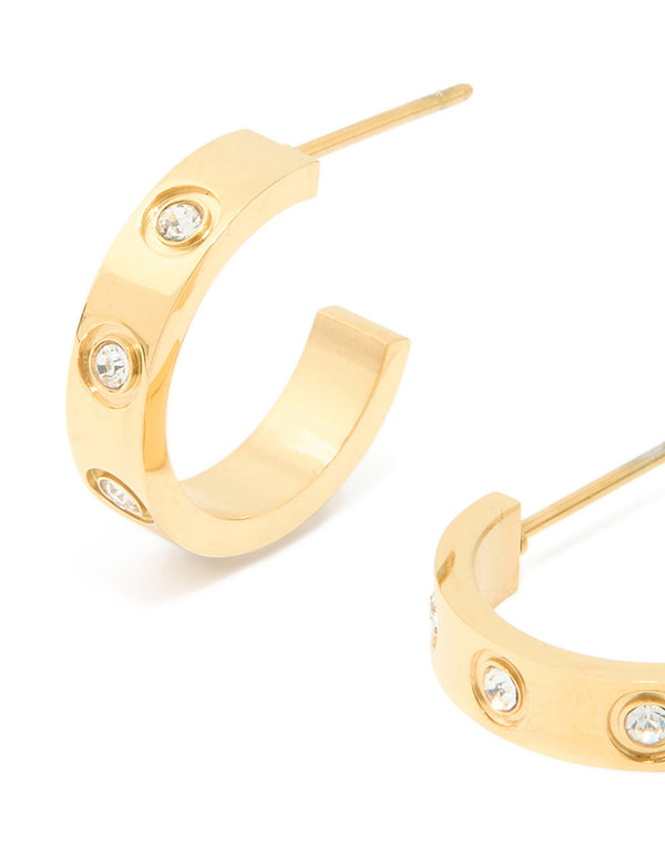 Beautifully crafted waterproof gold plated stainless steel cubic zirconia square hoop earrings close up view