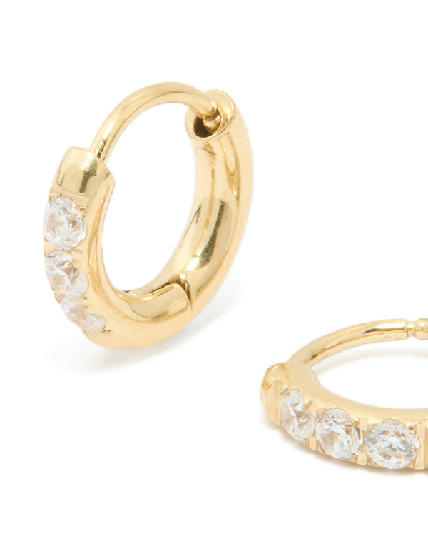 Elegant waterproof gold plated stainless steel cubic zirconia huggie earrings in 10 MM close up view