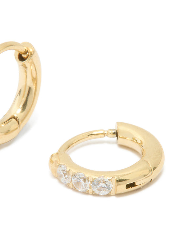 Waterproof Gold Plated Stainless Steel Cubic Zirconia Huggie Earrings 10 MM