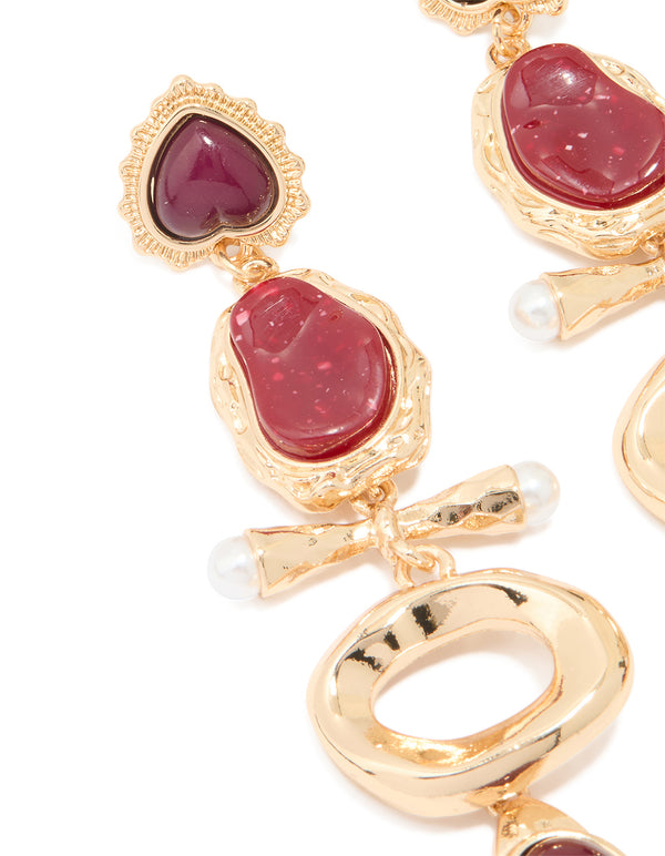 Gold Pearl & Red Stone Attachment Drop Earrings