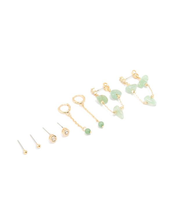 Gold Plated Green Semi Precious Stone Chain Drop & Stud Earrings 4-Pack