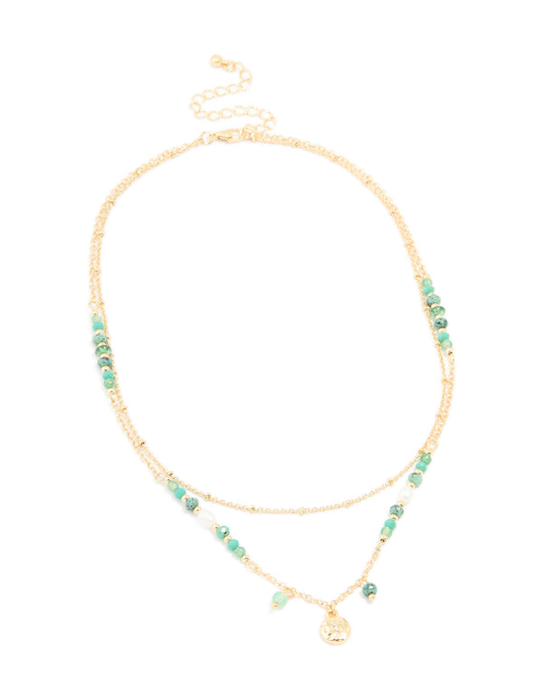 Gold Plated Aqua Beaded Semi Precious Stone & Disc Layered Necklace