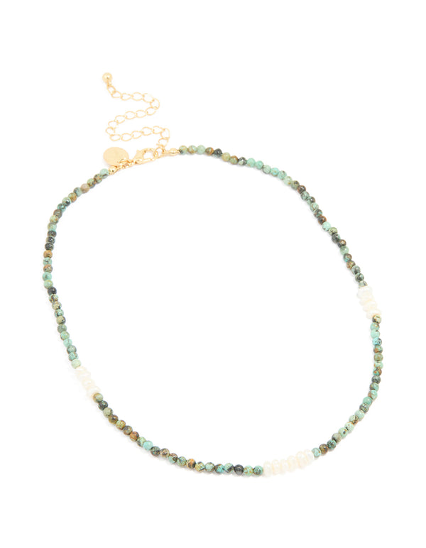 Gold Plated Freshwater Pearl & Aqua Semi Precious Stone Beaded Fine Necklace