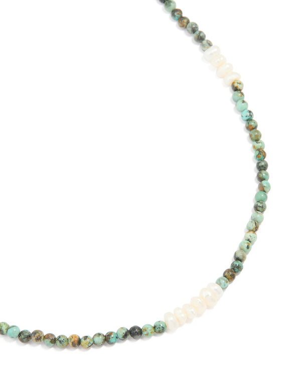 Gold Plated Freshwater Pearl & Aqua Semi Precious Stone Beaded Fine Necklace