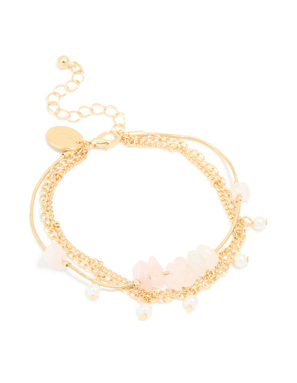 Gold Plated Rose Quartz & Pearl Chain Layered Bracelet