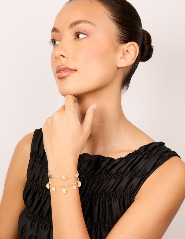 Gold Plated Beaded Semi Precious Stone & Disc Layered Bracelet