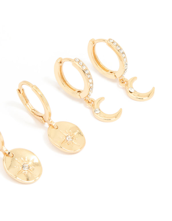 Gold Plated Diamante Celestial Huggie Earrings 3-Pack