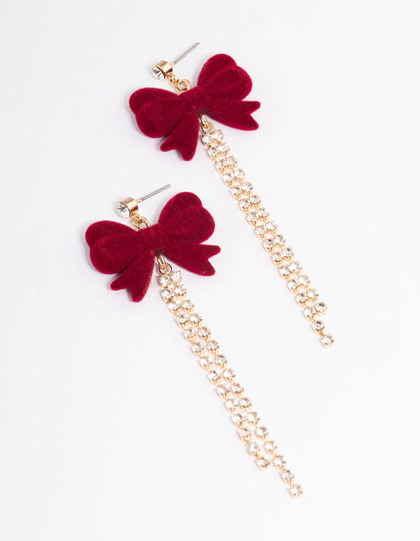 Gold Burgundy Velvet Bows & Diamante Cup Chain Drop Earrings