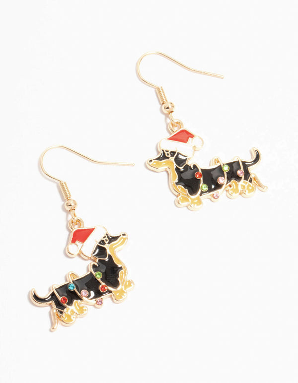 Gold Festive Dachshund Do With A Santa Hat Earrings