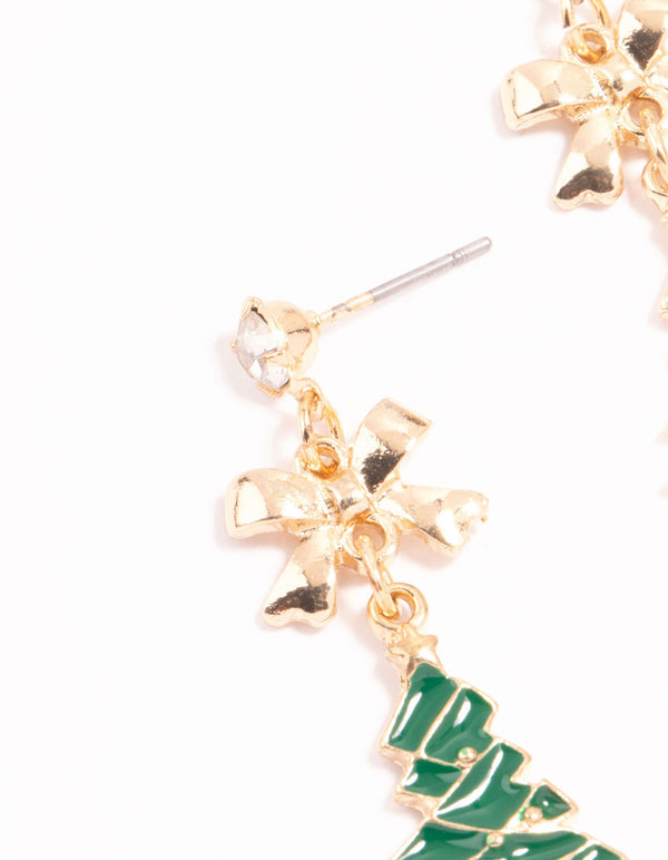 Gold Green Festive Tree & Green Diamante Present Drop Earrings 3-Pack