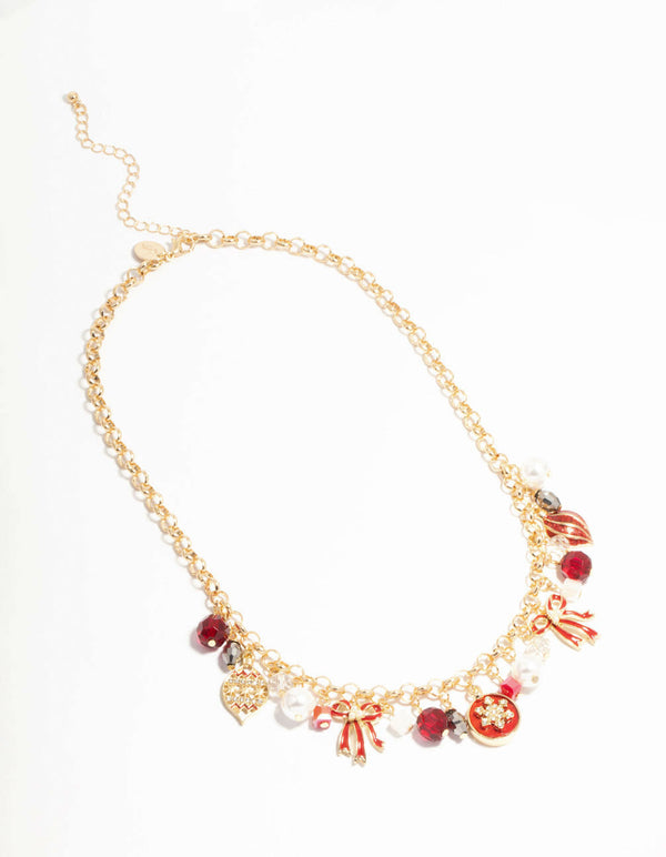 Gold Red Bow & Red Bauble Charm Necklace