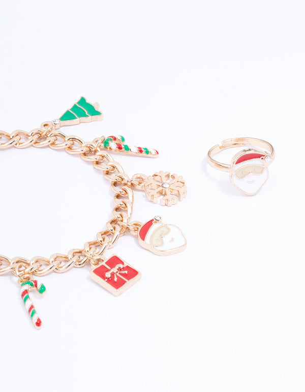Gold Festive Motif Charm Bracelet & Ring Set