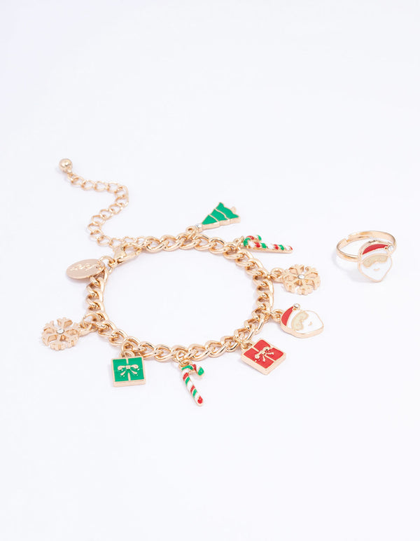 Gold Festive Motif Charm Bracelet & Ring Set