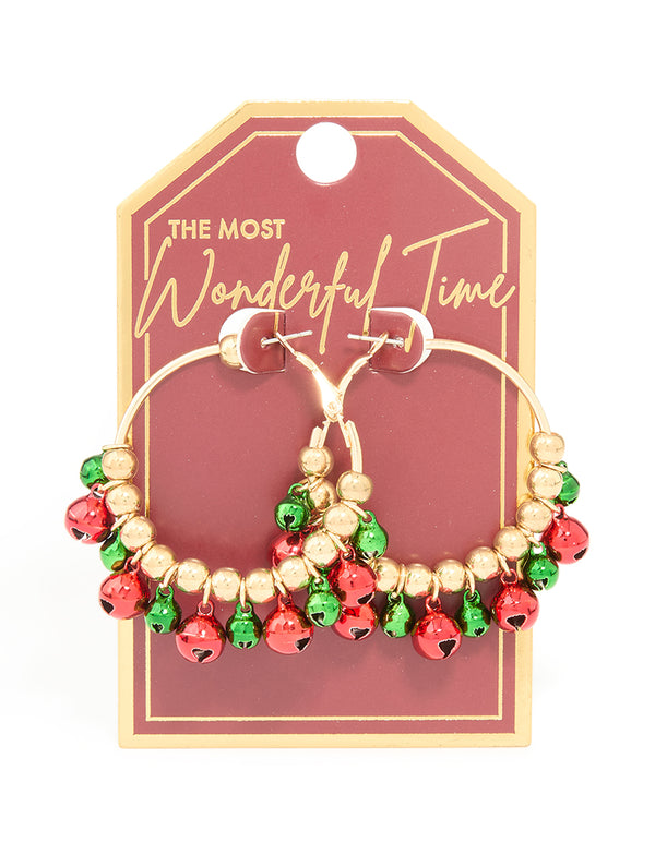 Gold Green & Red Bell Hoop Earrings