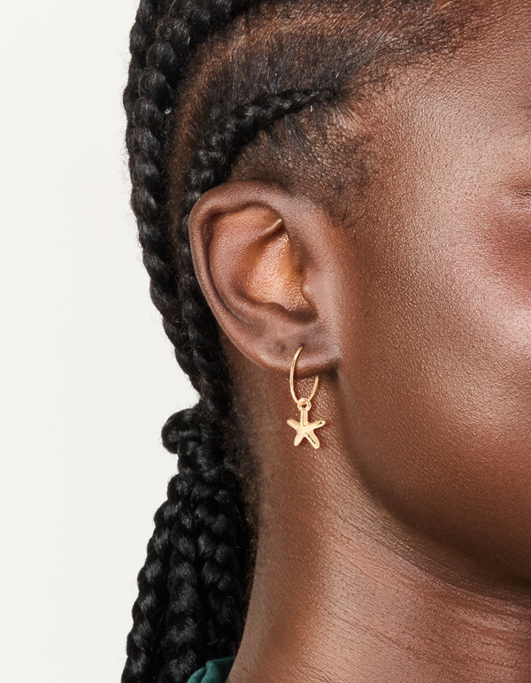 Gold Starfish Charm Hoop Earrings