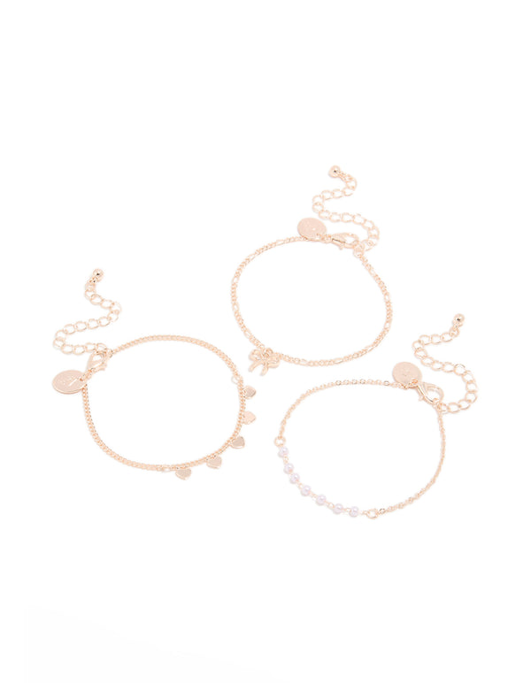 Rose Gold Pearl Bow & Heart Bracelets 3-Pack