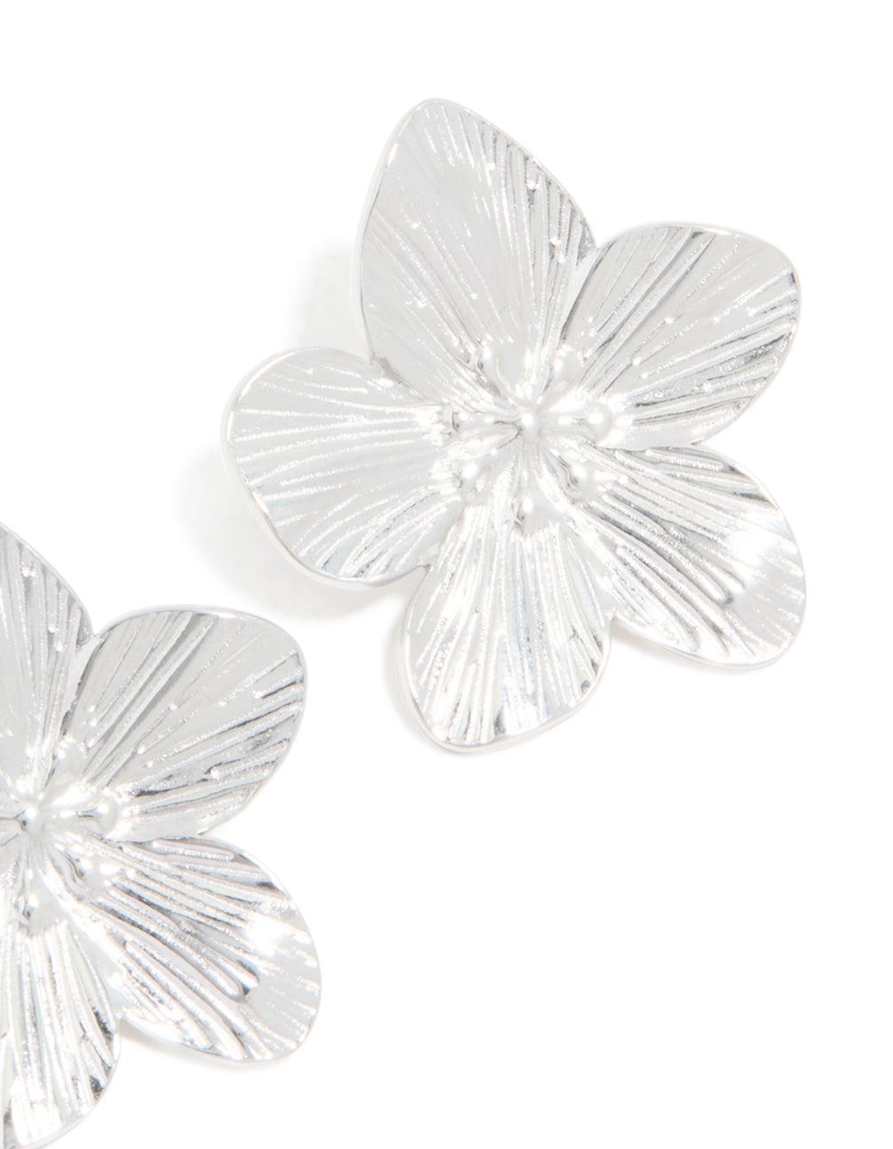 Detailed perspective of waterproof stainless steel textured flower stud earrings showcasing floral pattern in silver finish post detail view