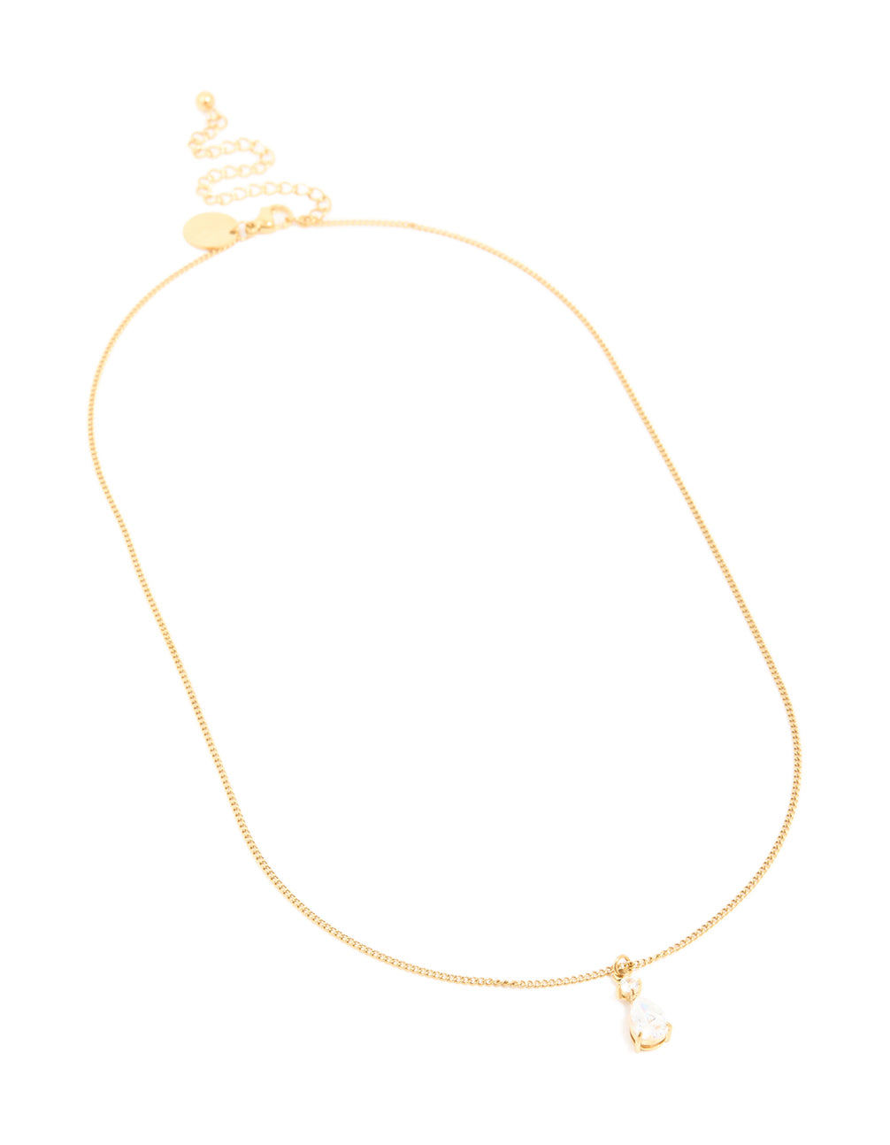 Showcasing waterproof gold plated stainless steel cubic zirconia pear pendant necklace, crystal details, and dainty style including adjustable chain front view