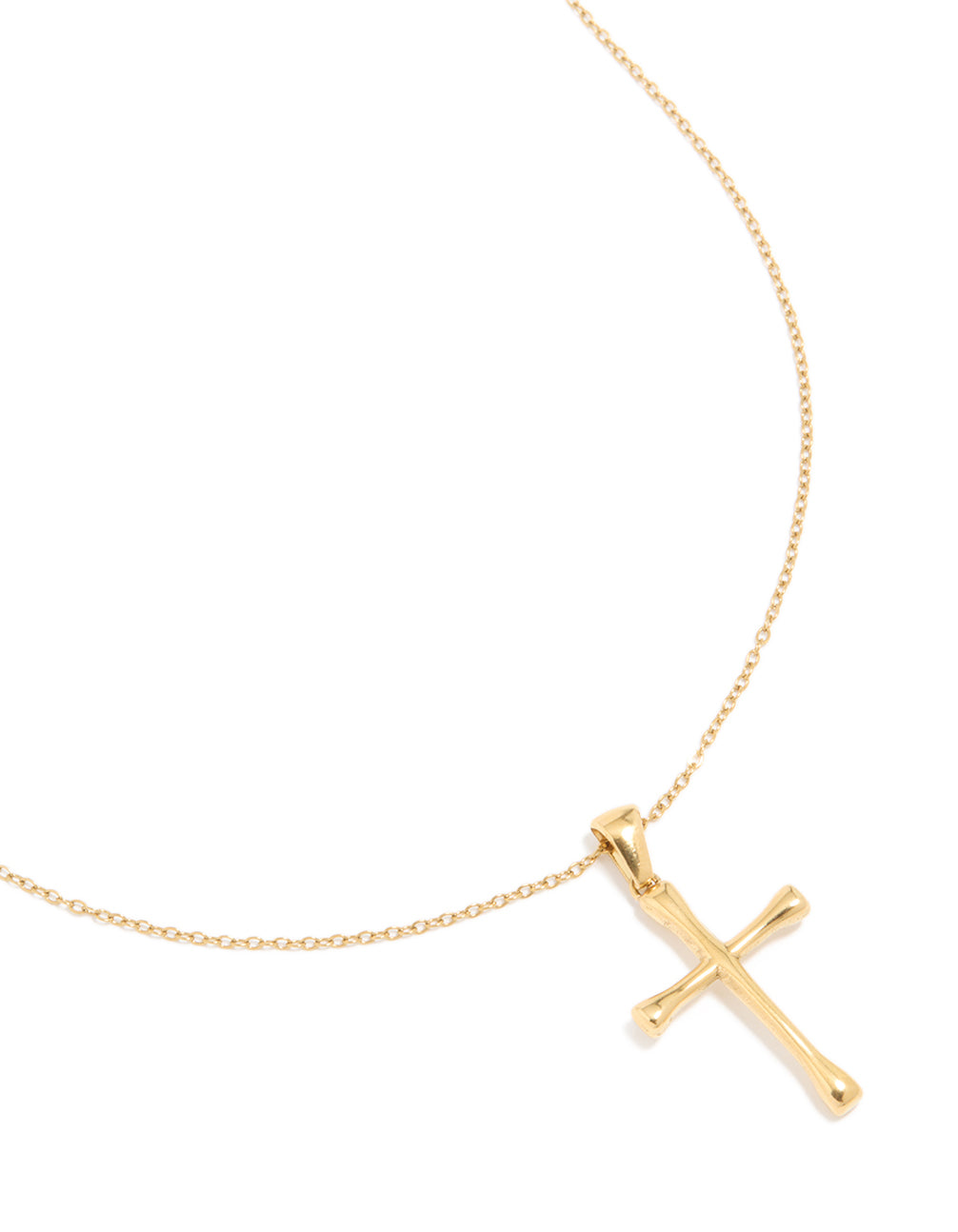 Showcase waterproof large cross pendant necklace crafted from gold plated stainless steel in a dainty style close up view