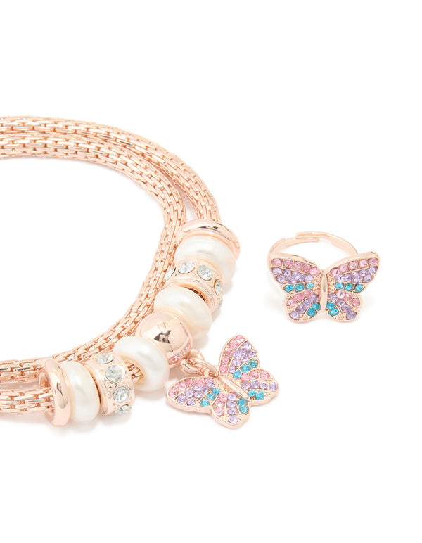 Kids Gold Pink & Blue Diamante Butterfly Necklace & Ring Set