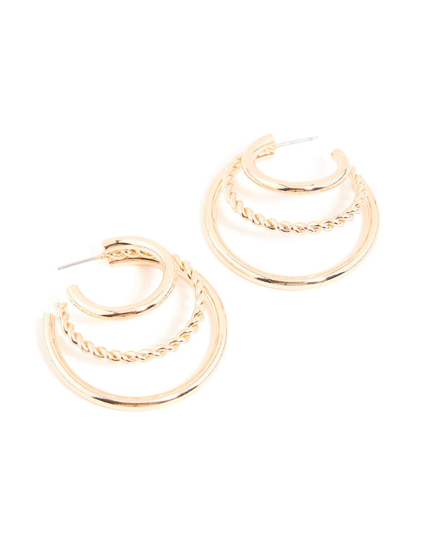 Gold Triple Prong Twist Hoop Earrings