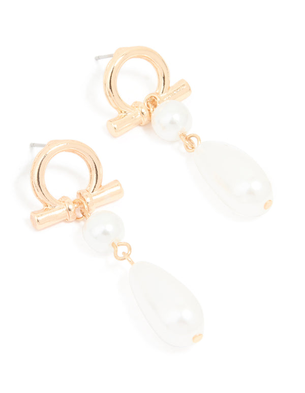 Gold Pearl Open Circle Drop Earrings