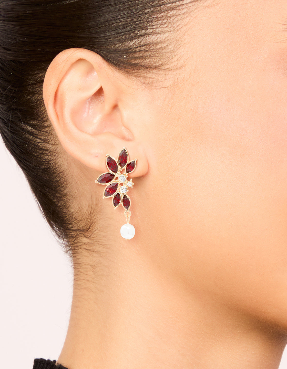 Gold Red Diamante Pearl Marquise Stud Earrings