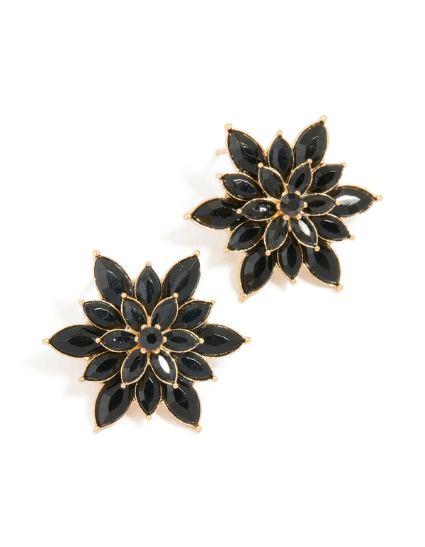 Gold Black Diamante Marquise Flower Stud Earrings