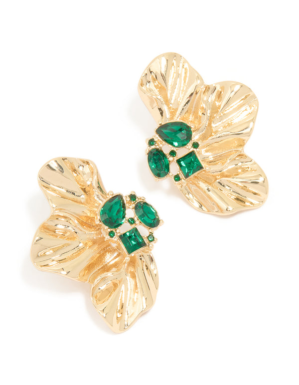 Gold Green Diamante Half Flower Stud Earrings