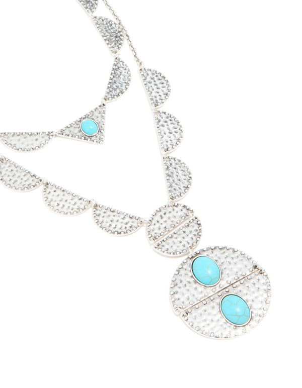 Antique Silver Textured Blue Circle Layered Necklace