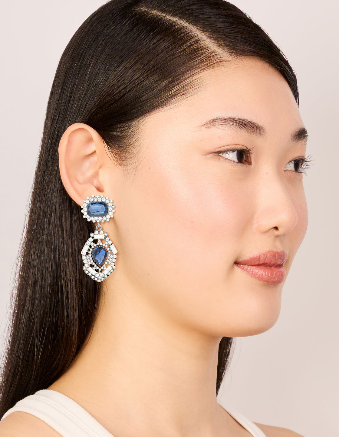 Silver Gunmetal Blue Diamante Pear Drop Earrings