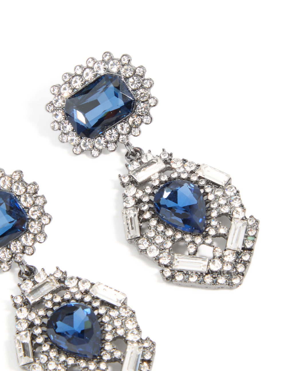 Silver Gunmetal Blue Diamante Pear Drop Earrings