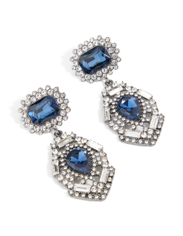 Silver Gunmetal Blue Diamante Pear Drop Earrings
