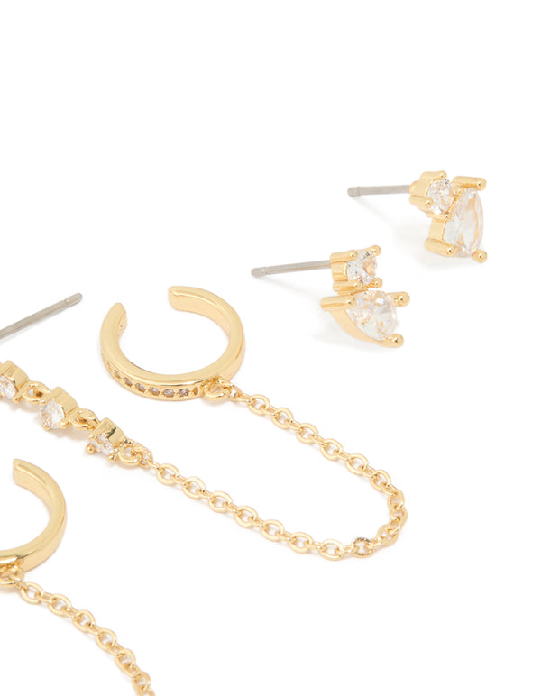 Gold Plated Brass Cubic Zirconia Stud & Chain Earrings 3-Pack