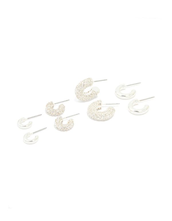 Silver Diamante & Polished Hoop Earrings 4-Pack