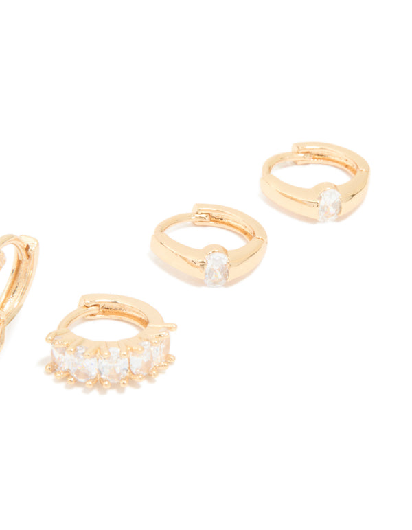 Crafted from gold cubic zirconia hoop and stud earrings 3-pack with huggie closure post detail view