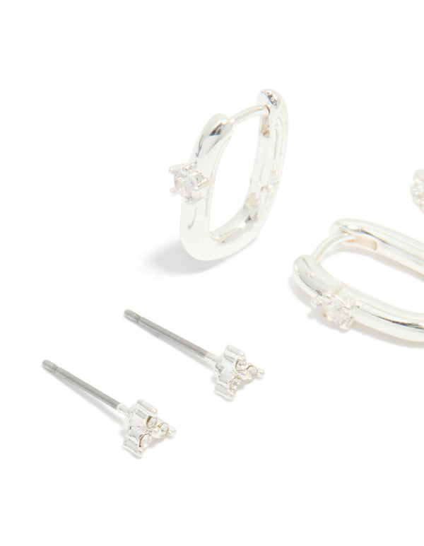 Designed with cubic zirconia in silver statement hoop and stud earrings 3-pack close up view
