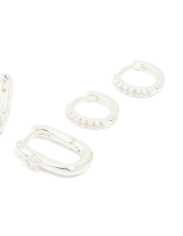 Showcasing statement hoop and stud earrings with cubic zirconia in a 3-pack front view