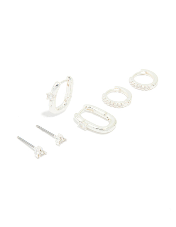 Showcasing statement hoop and stud earrings with cubic zirconia in a 3-pack front view