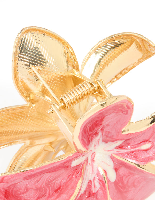 Gold Pink Enamel Frangipani Flower Claw Clip