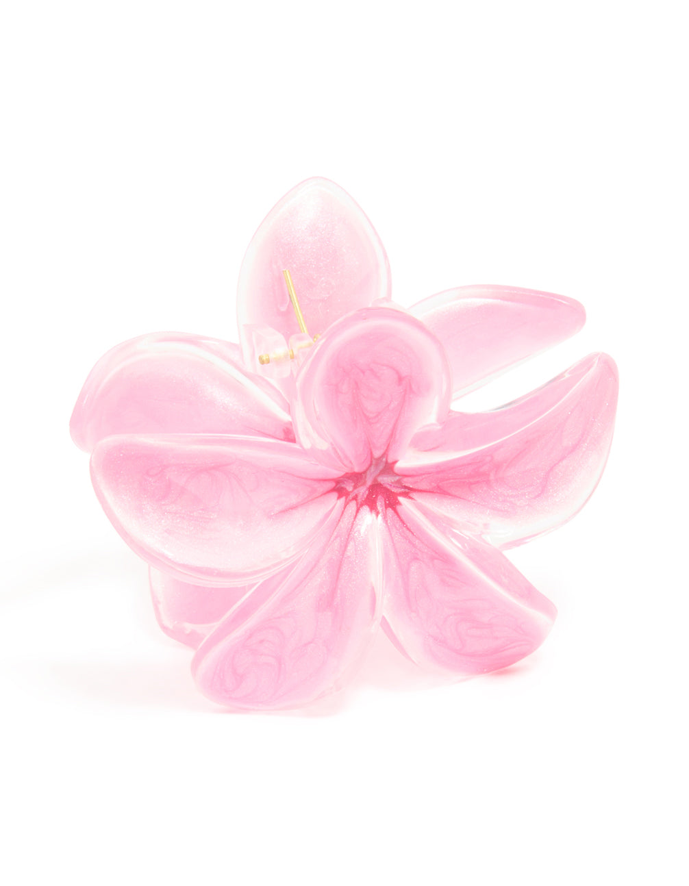 Crafted with floral design, this pink frangipani flower claw clip side view