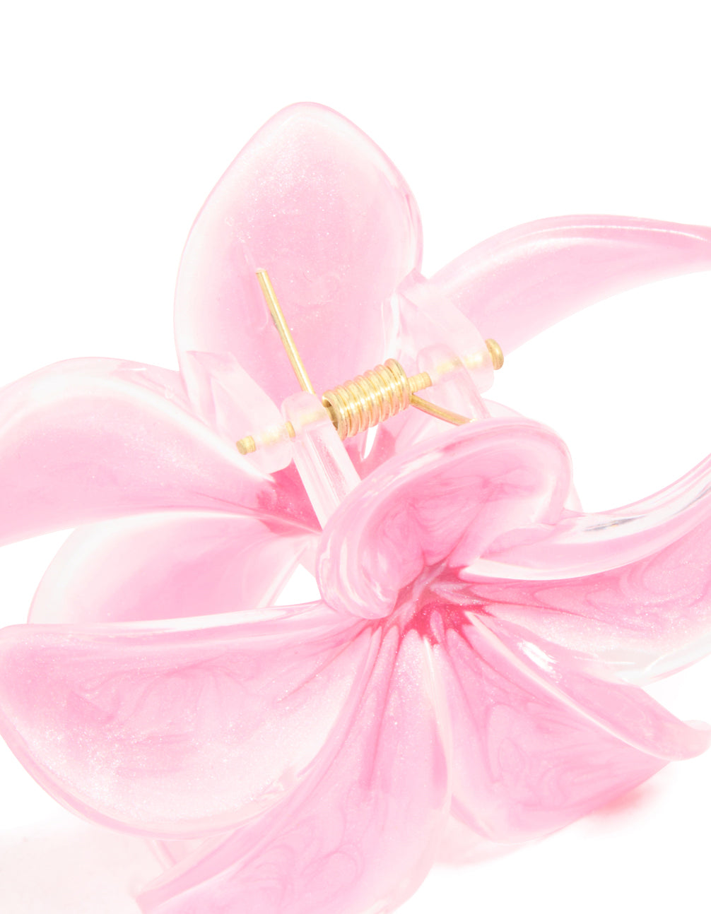 Featuring floral, this pink frangipani flower claw clip displays gold hardware in light tones detail view