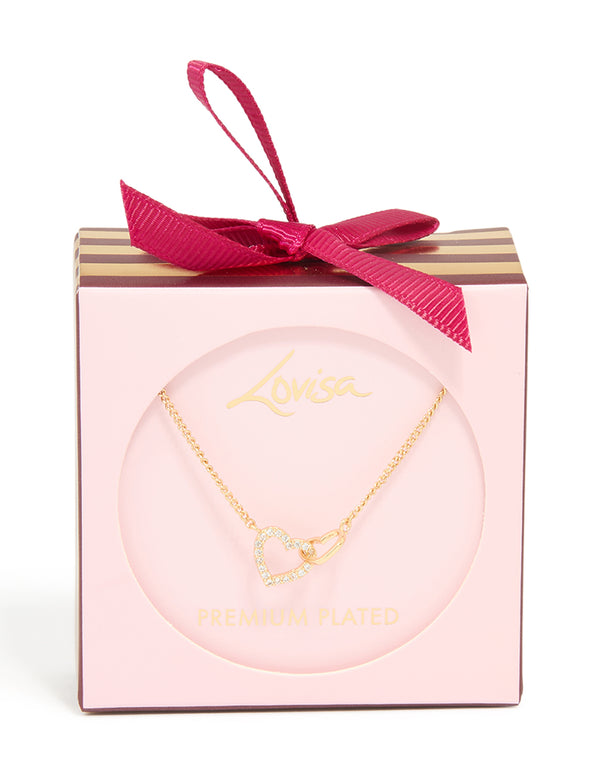 Gold Plated Cubic Zirconia Linked Hearts Pendant Necklace