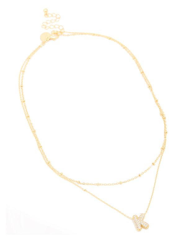 Gold Plated Brass Cubic Zirconia Pave Bubble Letter K Layered Necklace