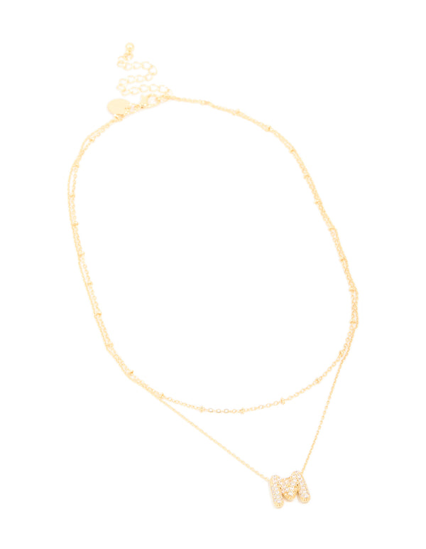 Gold Plated Cubic Zirconia Pave Bubble Letter M Layered Necklace